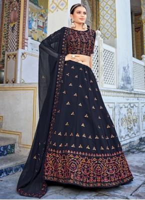 A Line Lehenga Choli Embroidered Georgette in Navy Blue