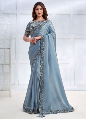 Absorbing Blue Embroidered Faux Crepe Saree