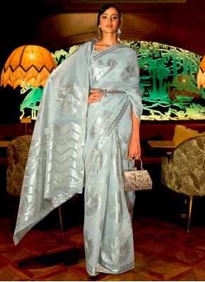 Absorbing Blue Zari Handloom silk Contemporary Saree