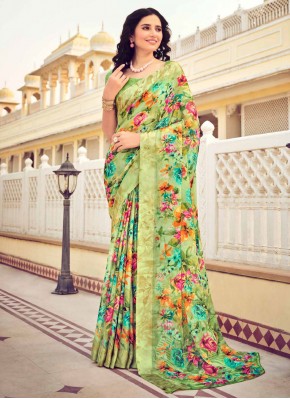 Absorbing Green Floral Print Trendy Saree