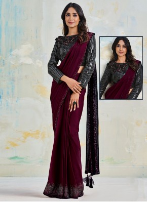 Absorbing Purple Faux Crepe Contemporary Style Saree