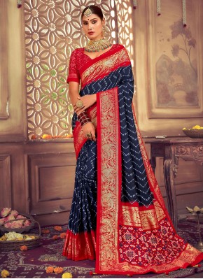 Abstract Print Silk Saree in Navy Blue