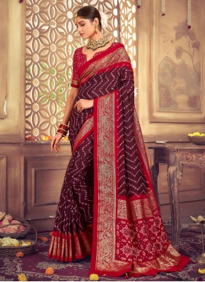 Abstract Print Silk Trendy Saree in Wine