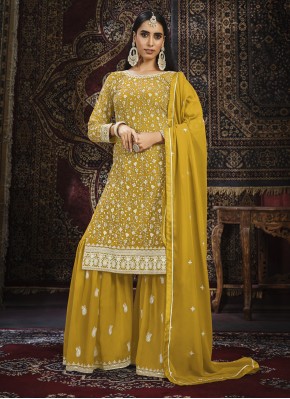 Adorable Faux Georgette Resham Mustard Palazzo Salwar Suit