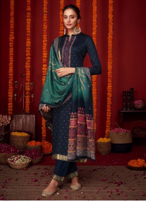 Aesthetic Embroidered Viscose Navy Blue Pant Style Suit