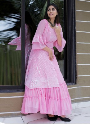 Aesthetic Sequins Faux Georgette Pink Party Wear Kurti
