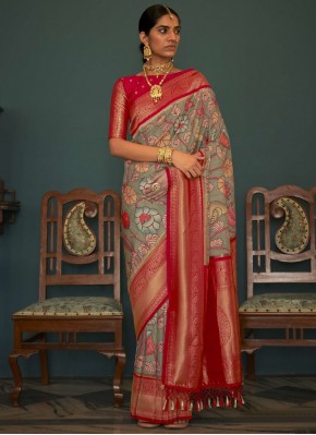 Aesthetic Tussar Silk Floral Print Grey and Red Trendy Saree