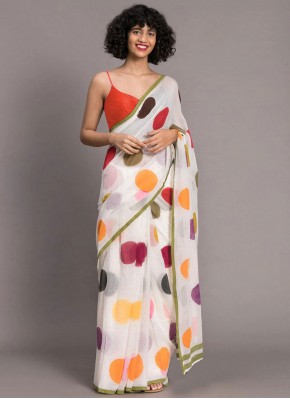 Affectionate Print Faux Georgette Off White Saree