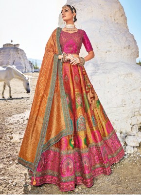 Amazing Jacquard Work Orange and Pink Banarasi Silk Trendy Lehenga Choli