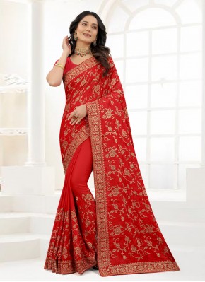 Amusing Red Satin Silk Traditional Designer Saree