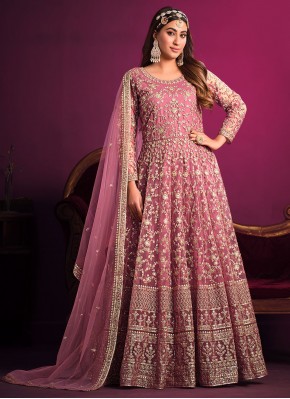 Anarkali Salwar Suit Embroidered Net in Pink