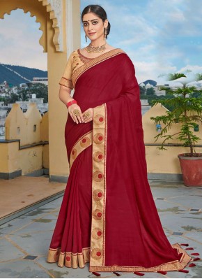 Appealing Patch Border Vichitra Silk Maroon Designer Traditional Saree