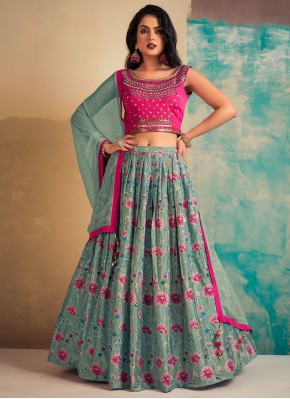 Aqua Blue and Pink Handwork Wedding Designer Lehenga Choli