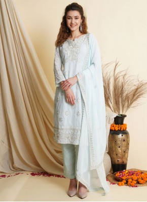 Aqua Blue Embroidered Pant Style Suit