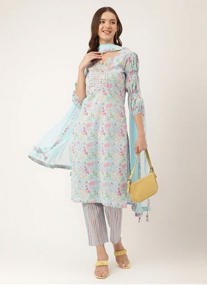 Aqua Blue Floral Print Readymade Salwar Suit