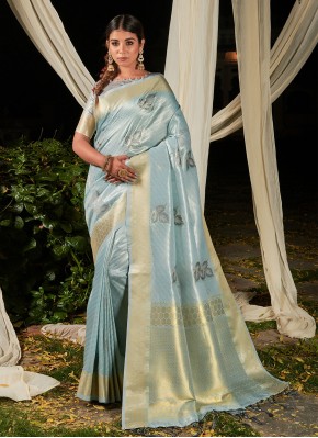 Aqua Blue Linen Weaving Classic Designer Saree