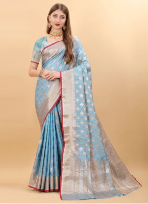 Aqua Blue Weaving Silk Contemporary Saree