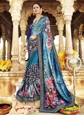 Art Silk Embroidered Blue Contemporary Style Saree