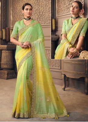Art Silk Zari Green and Yellow Contemporary Saree