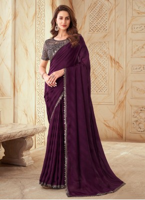Artistic Embroidered Purple Silk Trendy Saree