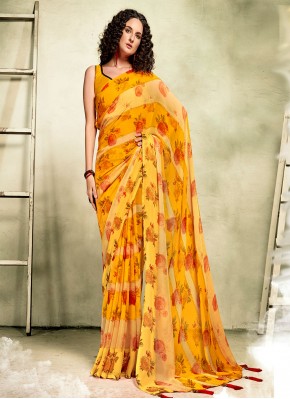 Artistic Floral Print Yellow Saree