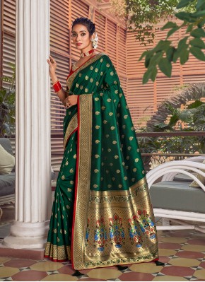 Artistic Silk Weaving Green Traditional Designer Saree