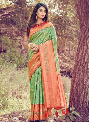 Aspiring Green Woven Traditional Designer Saree