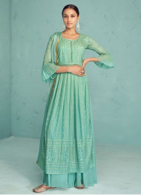 Astonishing Georgette Sea Green Embroidered Readymade Salwar Suit
