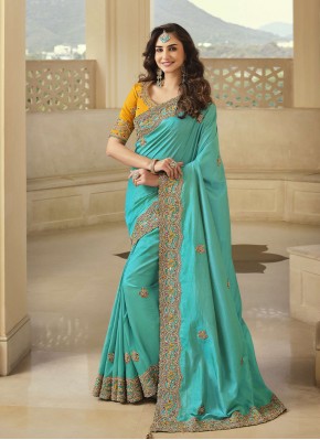 Attractive Embroidered Turquoise Fancy Fabric Contemporary Saree