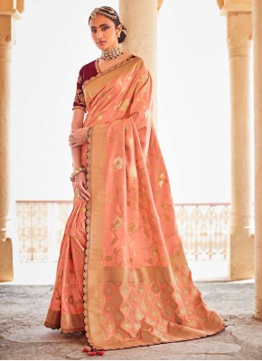 Attractive Peach Embroidered Designer Traditional Saree