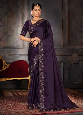 Attractive Purple Embroidered Designer Saree