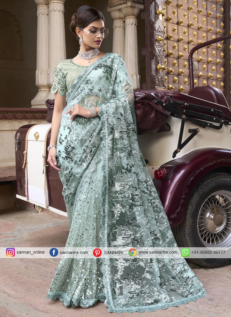 Auspicious Imported Sea Green Embroidered Classic Saree