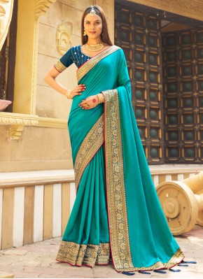 Awesome Embroidered Firozi Trendy Saree