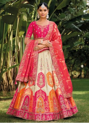 Banarasi Silk A Line Lehenga Choli in Cream and Pink