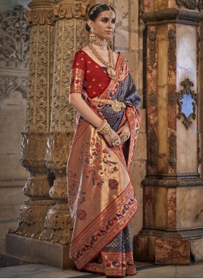 Banarasi Silk Classic Saree in Blue and Red
