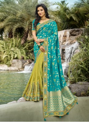Banarasi Silk Designer Half N Half Saree in Aqua Blue and Green