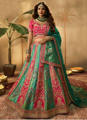 Banarasi Silk Green and Pink Trendy Lehenga Choli