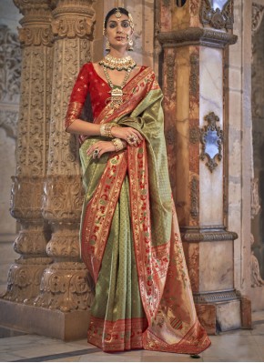 Banarasi Silk Weaving Contemporary Style Saree in Green and Red