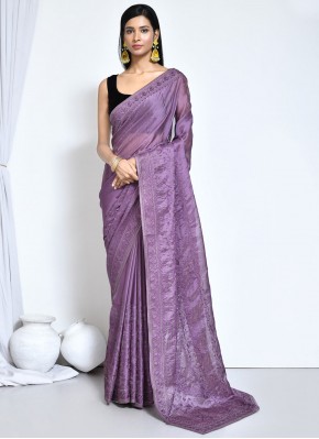 Baronial Embroidered Purple Satin Silk Trendy Sare