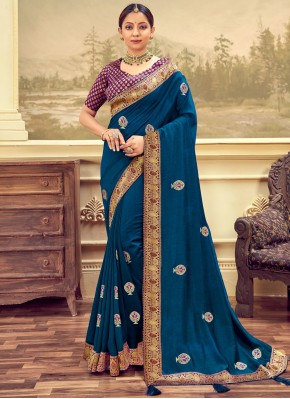 Baronial Embroidered Vichitra Silk Blue Traditional Saree