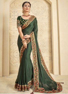 Baronial Resham Green Satin Silk Classic Saree