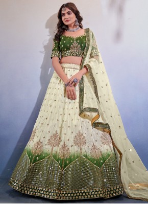 Beauteous Chinon Green and Off White Embroidered A Line Lehenga Choli