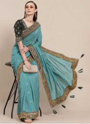 Beauteous Vichitra Silk Embroidered Blue Classic Designer Saree