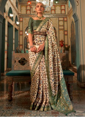 Beauteous Weaving Patola Silk  Cream and Green Contemporary Saree
