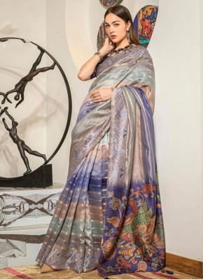 Beautiful Blue Digital Print Silk Classic Saree