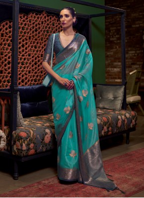 Beautiful Weaving Turquoise Contemporary Saree