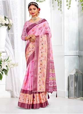 Bedazzling Giccha Silk Digital Print Pink Saree