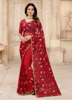 Bedazzling Red Contemporary Style Saree