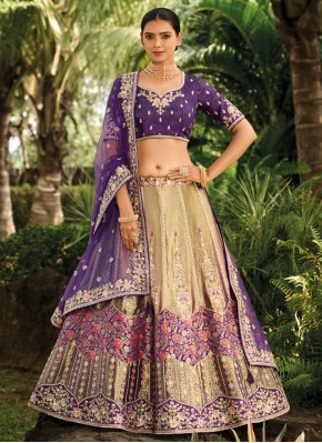 Beige and Purple Banarasi Silk Trendy Lehenga Choli