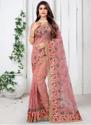 Best Net Pink Embroidered Designer Saree